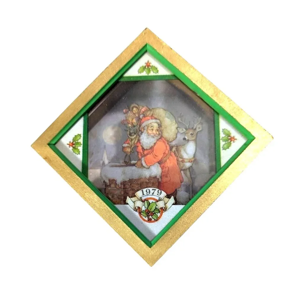 Santa On His Way Vintage 1979 Christmas Ornaments Acrylic Wood Vintage Gift